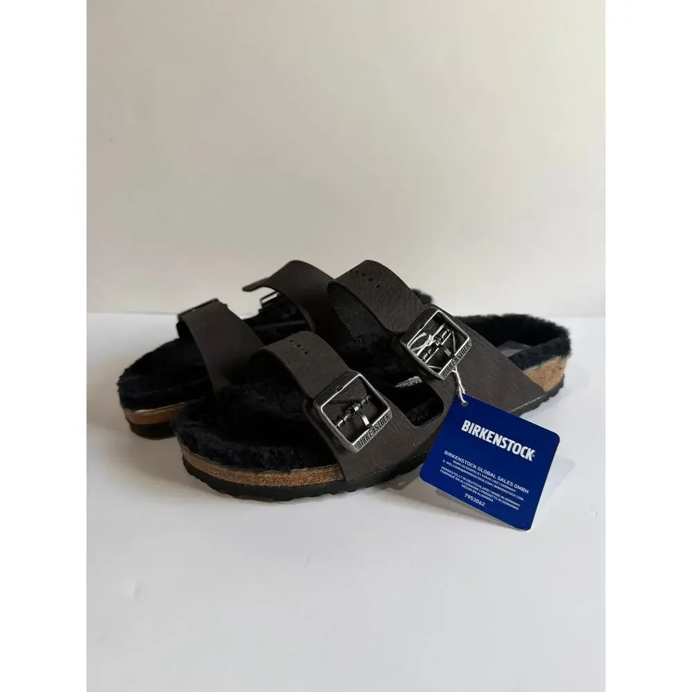 Birkenstock Arizona BS Shearling Lined Slides Desert Dust BLACK Size 42 NARROW